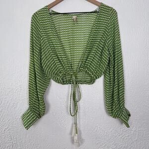 Raga Boho Tie Front Crop Top Green Geometric Long Sleeve Blouse Size Medium